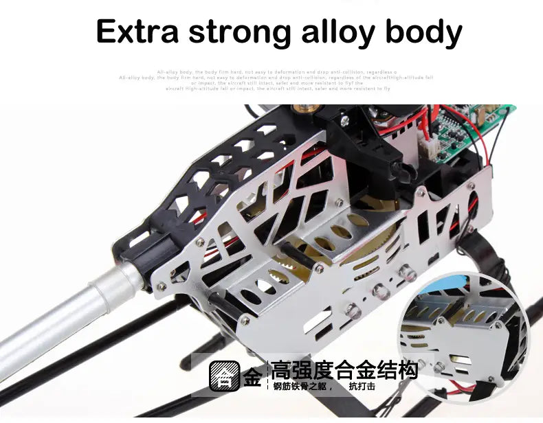 Robot de control remoto de aleación plateada con una estructura resistente en forma de x y circuitería interna visible, diseñado para un tiempo de carga óptimo y un tiempo de vuelo prolongado en un helicóptero con batería de litio de 80 cm.