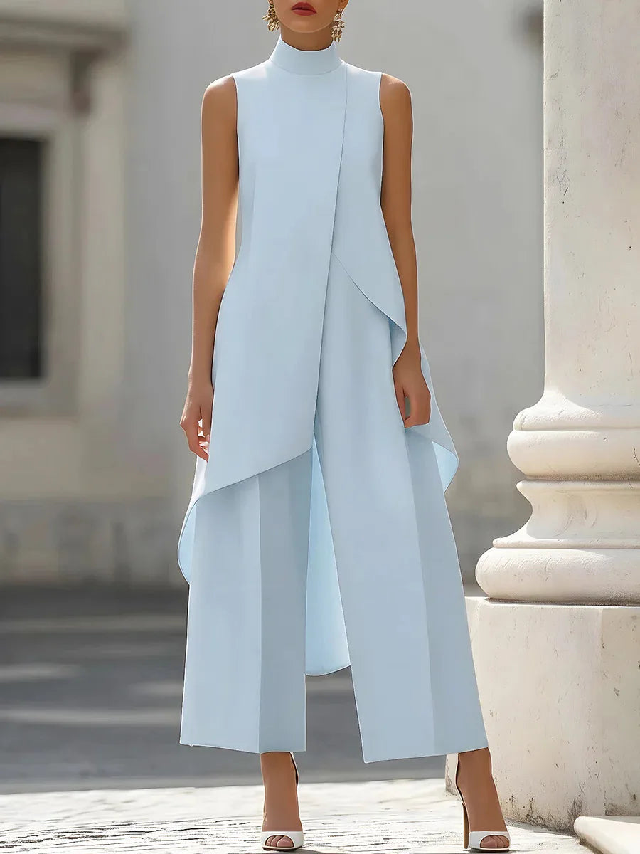 Women Stand Neck Sleeveless Layered Long Vest Wide Leg Pants Co Ord Set Elegant Business Formal Office Commuter Two Piece Outfit