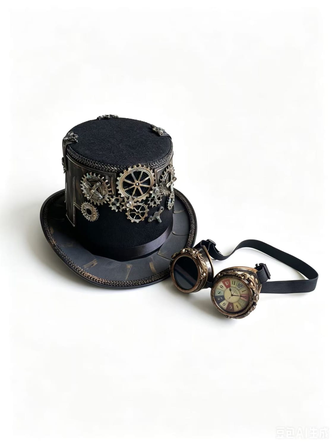Black top hat adorned with intricate silver gears and a matching steampunk-style goggles set showcasing a vintage mechanical design.