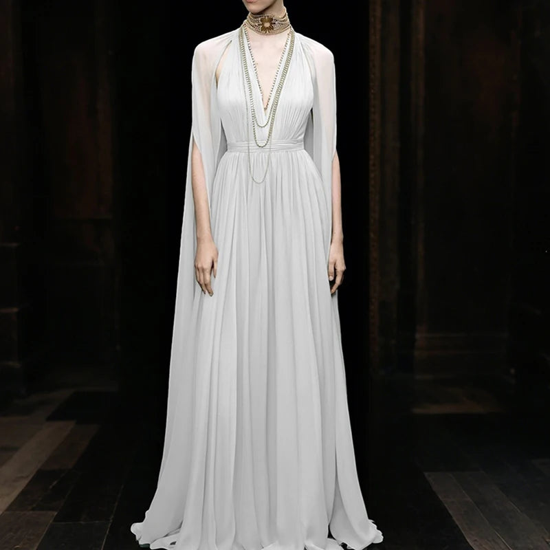 Elegant Bridesmaid Wedding Guest Party Dresses Women White Chiffon Evening Maxi Dress Deep V‑Neck Cape Sleeve Long Pleated Gowns