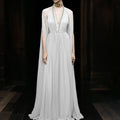 Elegant Bridesmaid Wedding Guest Party Dresses Women White Chiffon Evening Maxi Dress Deep V‑Neck Cape Sleeve Long Pleated Gowns