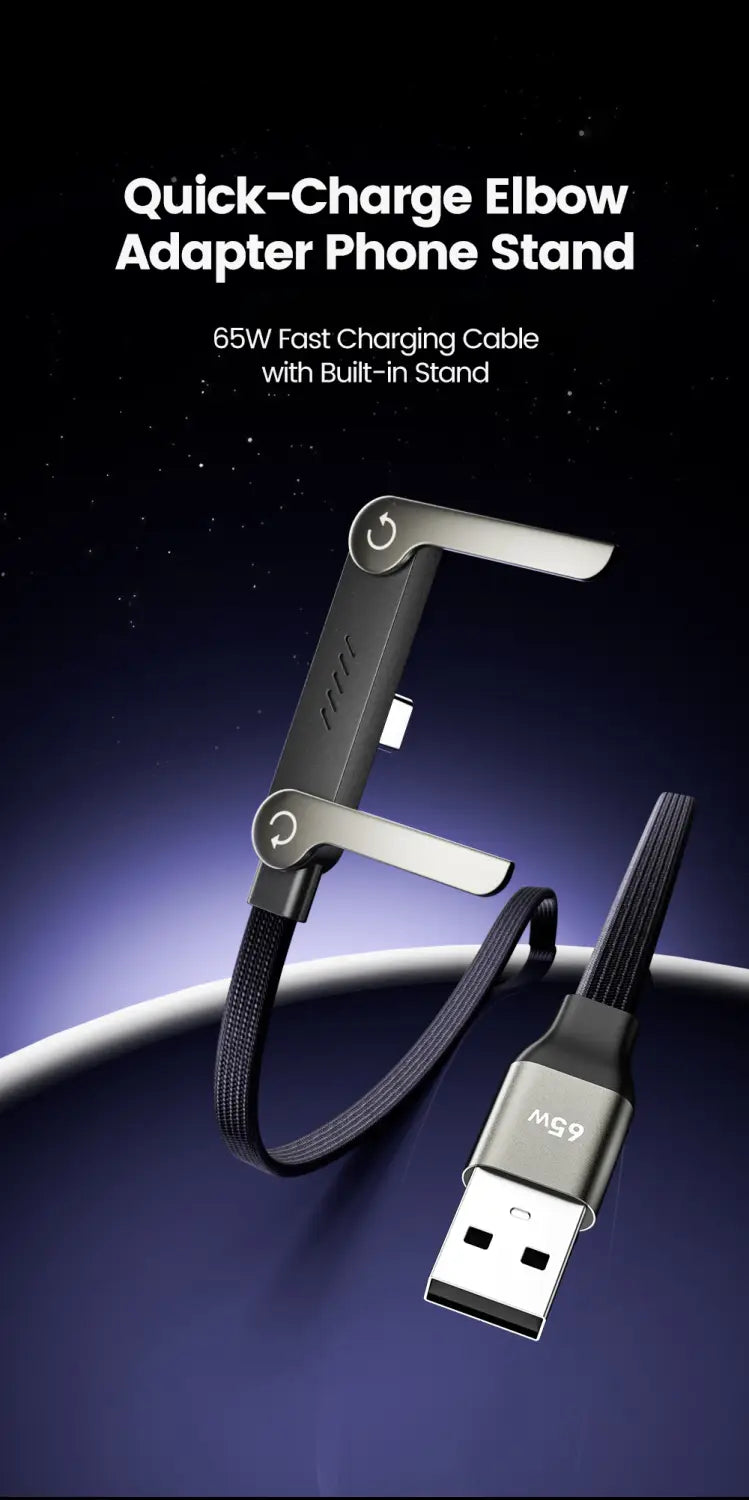 Black and silver 65w usb c fast charging cable with braided design, built-in phone holder stand, and usb-a connector.