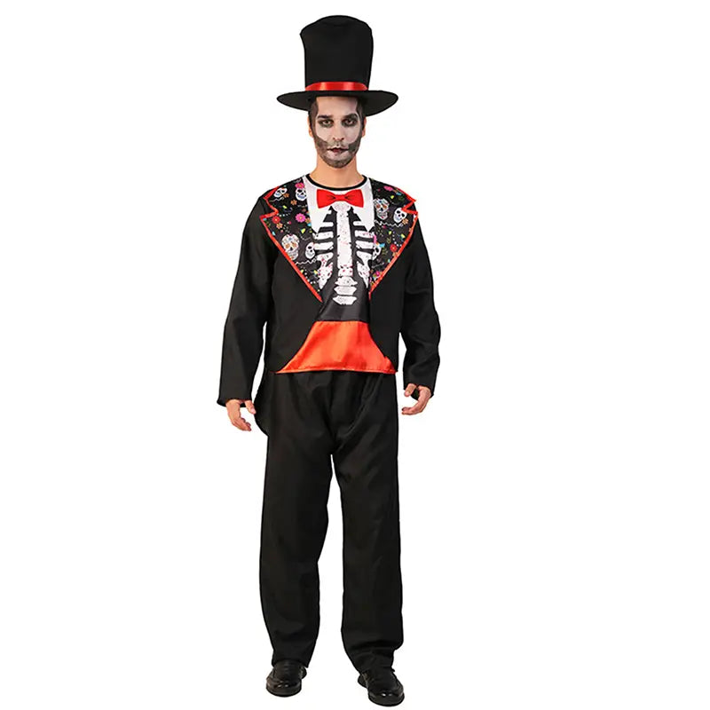 Costume de squelette pour homme avec accents rouges et haut-de-forme assorti, présentant un motif noir à thème de squelette vu depuis l’arrière.