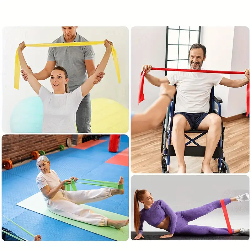 Resistance workout bands for home fitness in yellow red and green made of durable elastic material used for strength training and resistance exercises.