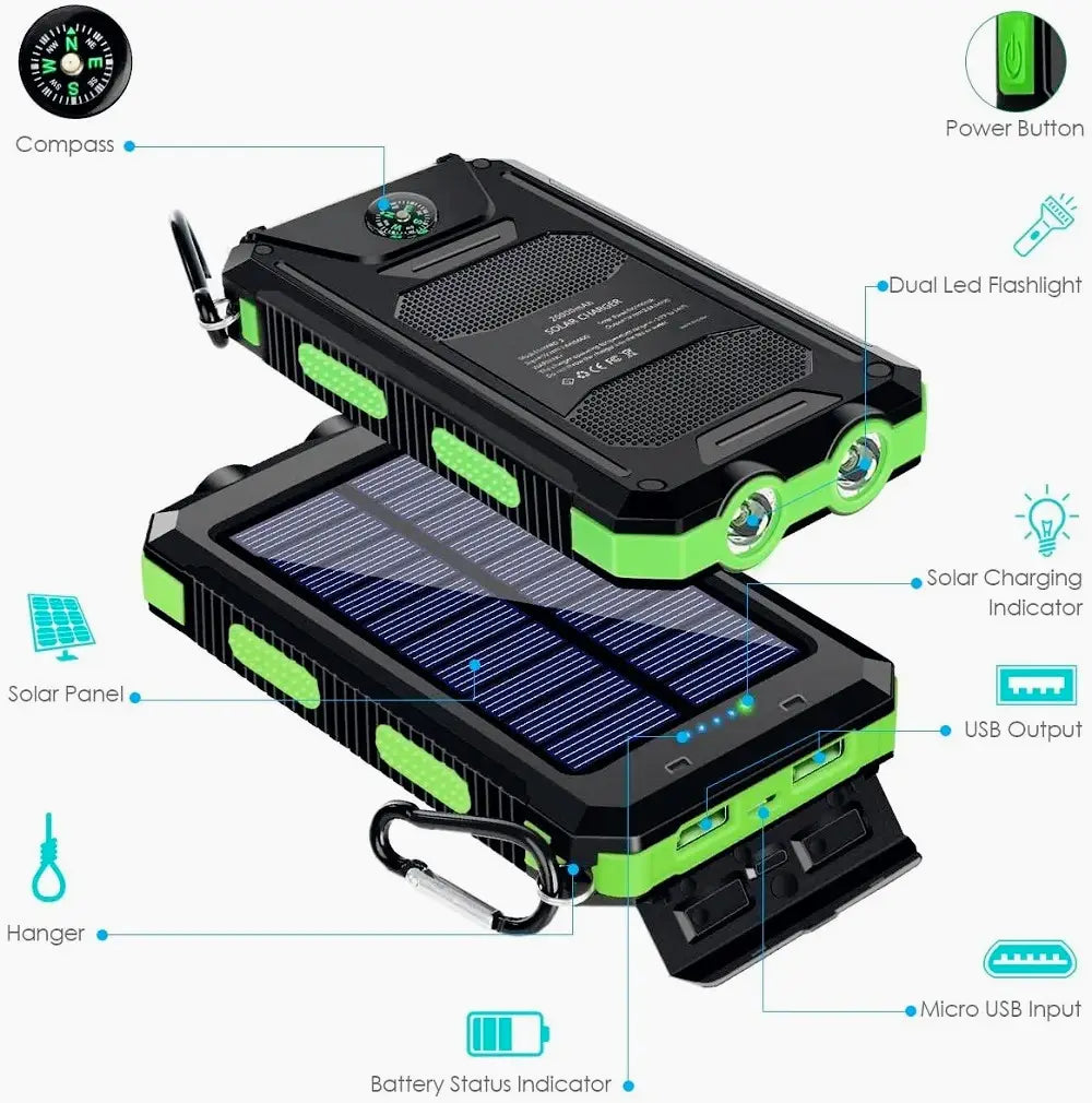 black and neon green rugged solar power bank 20000mah portable charger with dual led flashlights usb ports and built-in compass