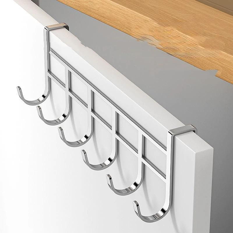 silver metal door hook with five evenly spaced hooks for over the door organizer rack