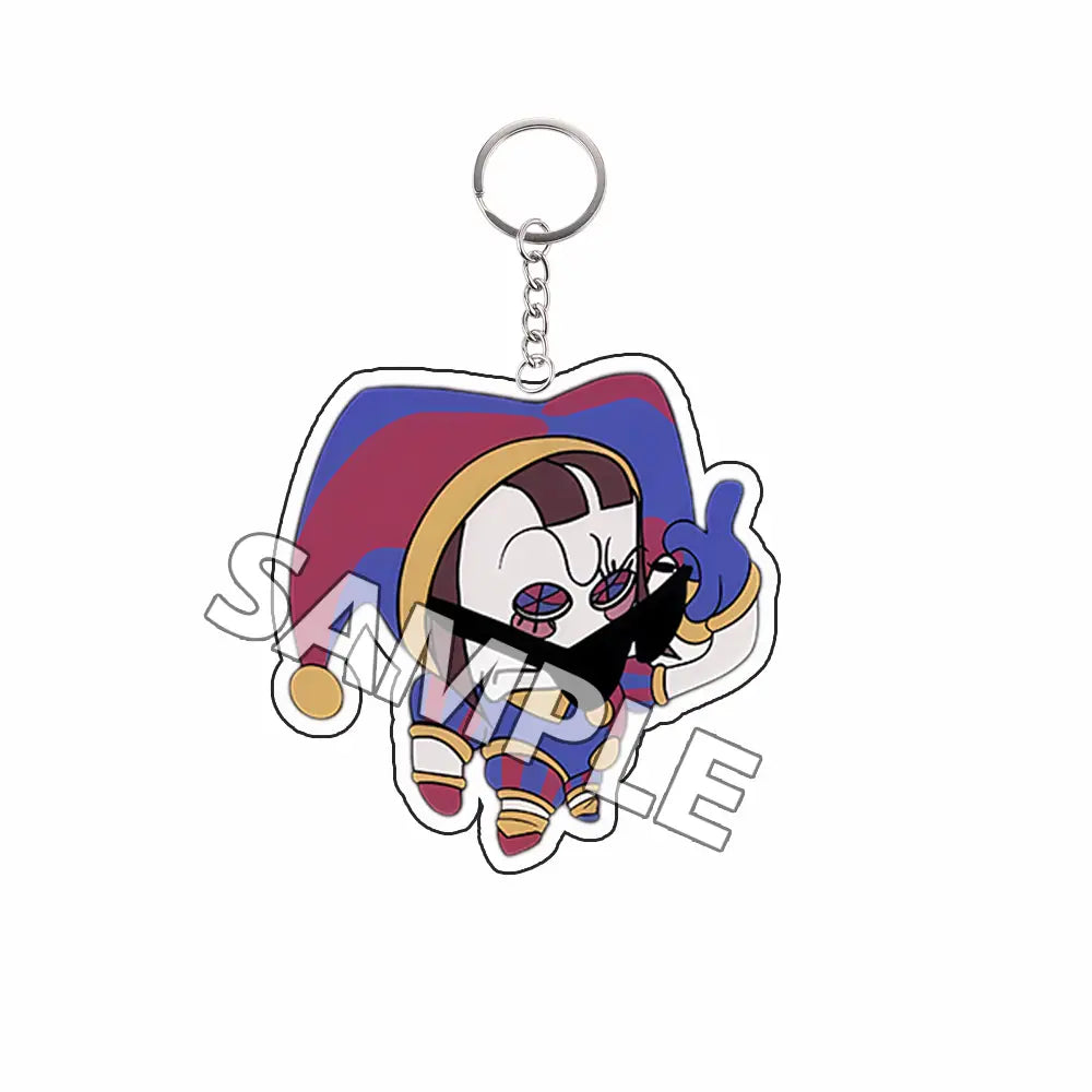 Producto terminado de llavero acrílico tipo TADC que presenta un llavero acrílico colorido con un bufón caricaturesco en un sombrero azul y rojo, gafas de sol negras y un atuendo a rayas.