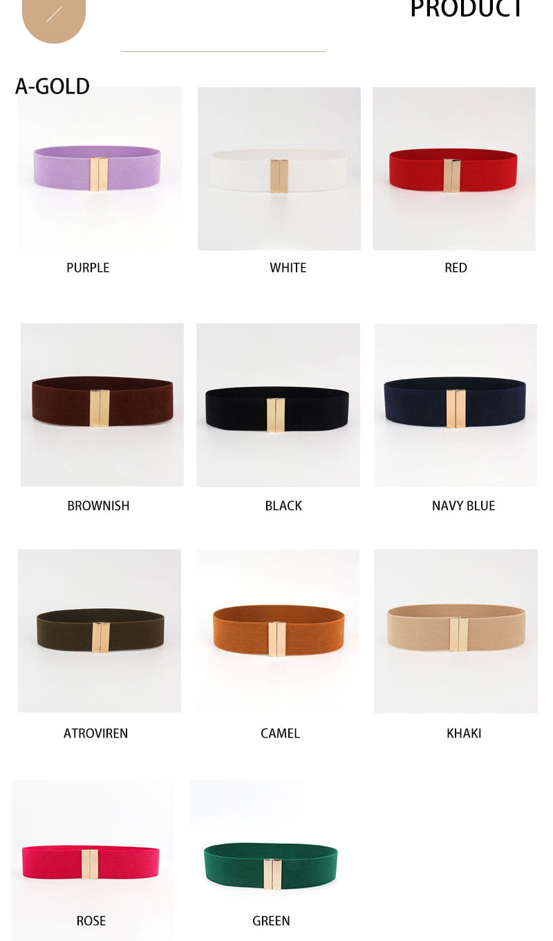 Damen-Gürtel mit elastischem Bund und geometrischer goldfarbener Schnalle, in mehreren Farben erhältlich, darunter Lila, Weiß, Rot, Braun, Schwarz, Navyblau, Atroven, Camel, Khaki, Rosé und Grün.