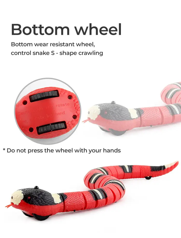 Red and black robotic snake with white accents and a wear-resistant wheel for s-shaped crawling motion designed as pet cat toys interactive for animal toys type.