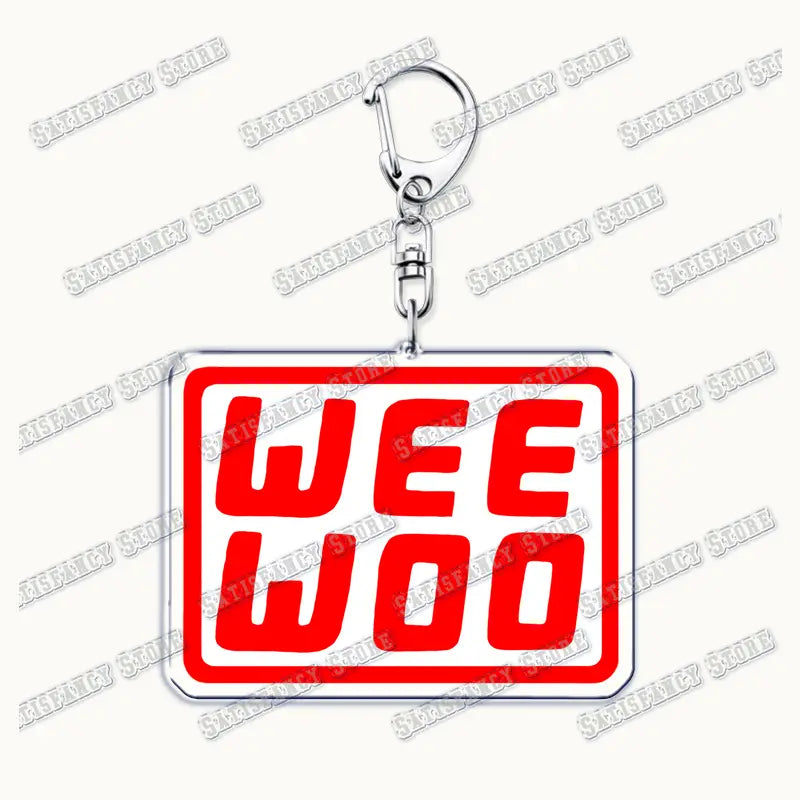 red wee woo logo acrylic keychain with silver metal clasp featuring a rectangular charm for 9-1-1 tv show firefighter gift