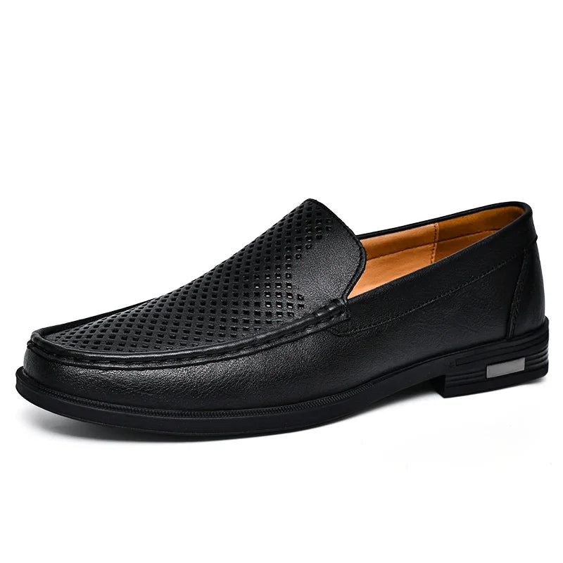 Men genuine leather slip-on dress loafers in black perforated leather with tan interior lining and low-profile rubber sole.