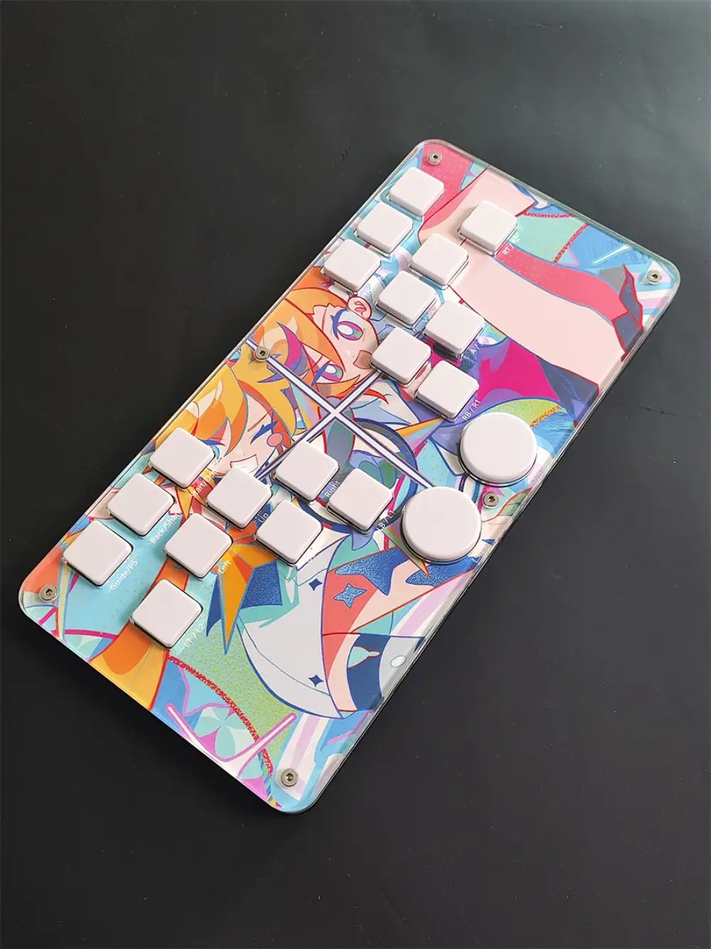 a vibrant translucent djmax mechanical gaming keyboard with white keys and a colorful anime-themed design featuring left joystick support and joystick moves functionality connected via data cable
