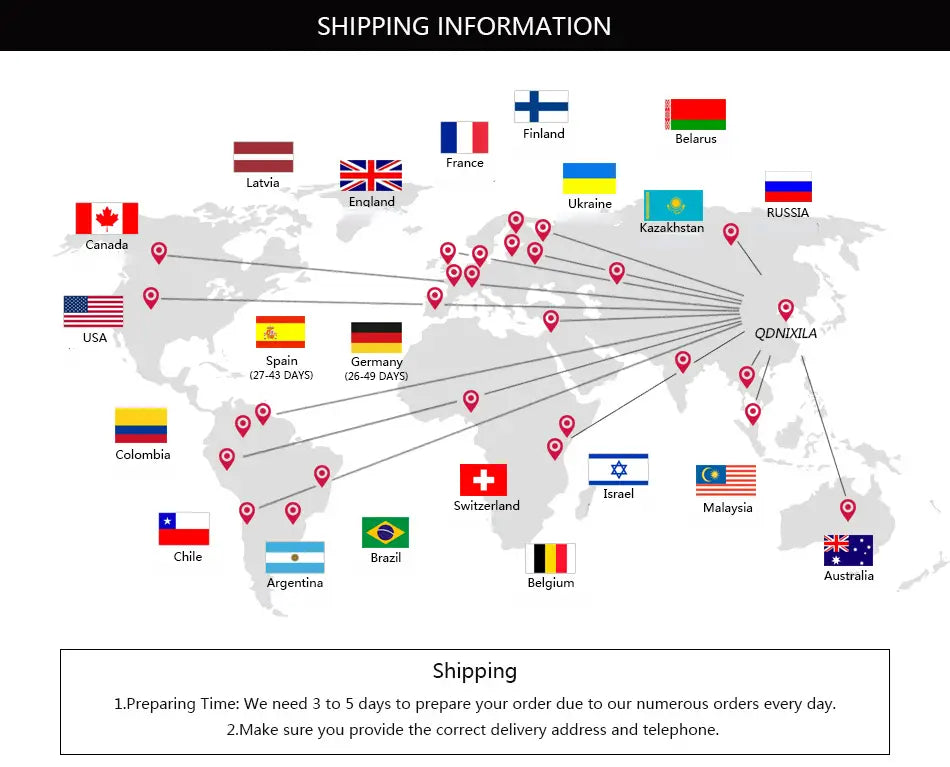 World map graphic displaying shipping destinations with country flags and delivery times from qdnixila for office lady belted wide leg shorts.