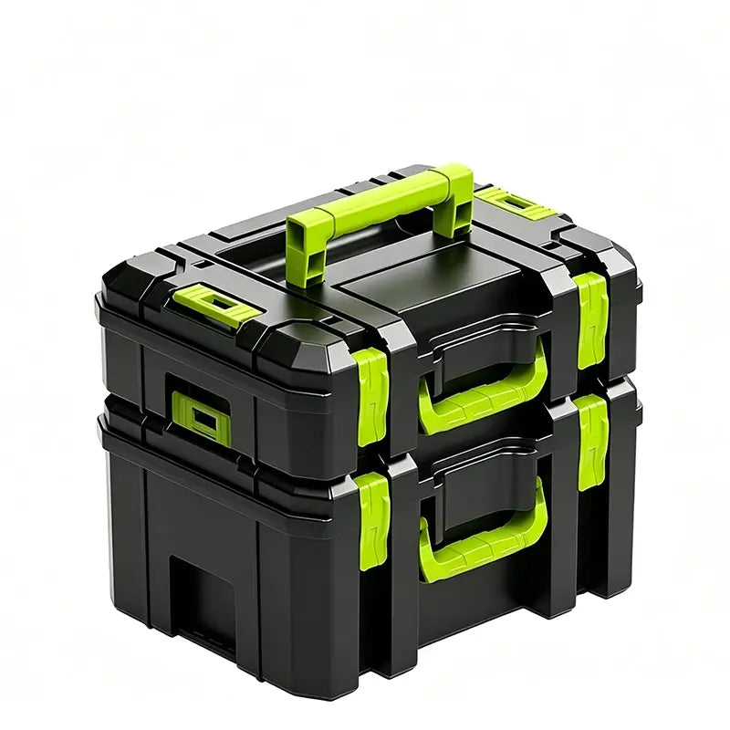 Modular stackable tool storage box in black and neon green plastic featuring an interlocking design for organized tool management.