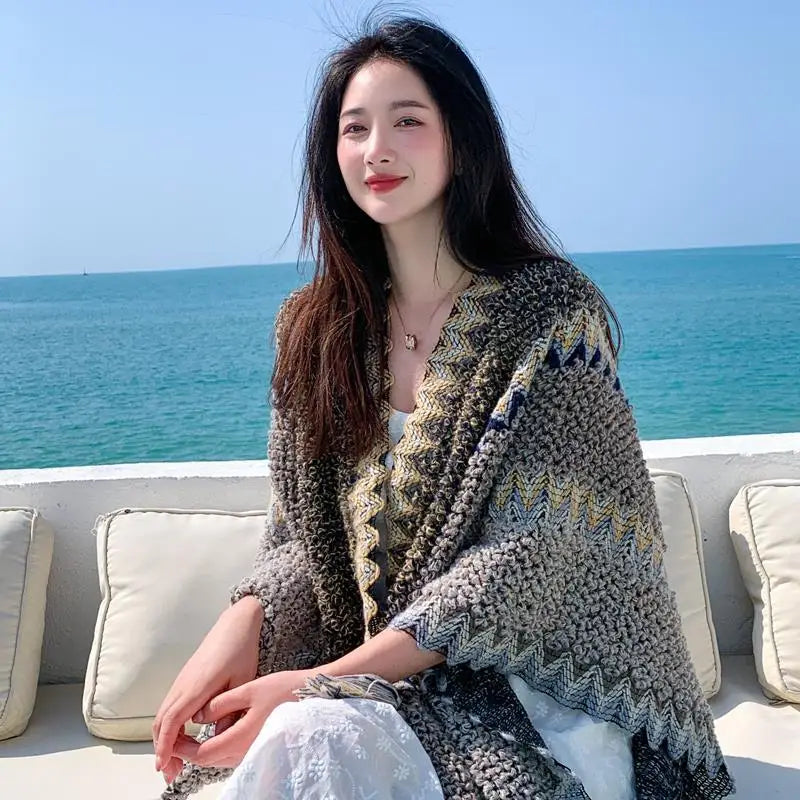 Ethnic Style Cape Oversized Sweater Jacket Women Fashion New Loose Patchwork Warm Long Scarf Knitted Cardigan Woman