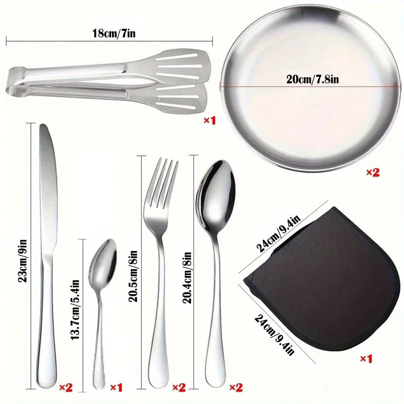 11pcs Stainless Steel Camping Cutlery Set Lightweight Outdoor Dining Tools Including Plates Forks Spoons for Hiking Travel