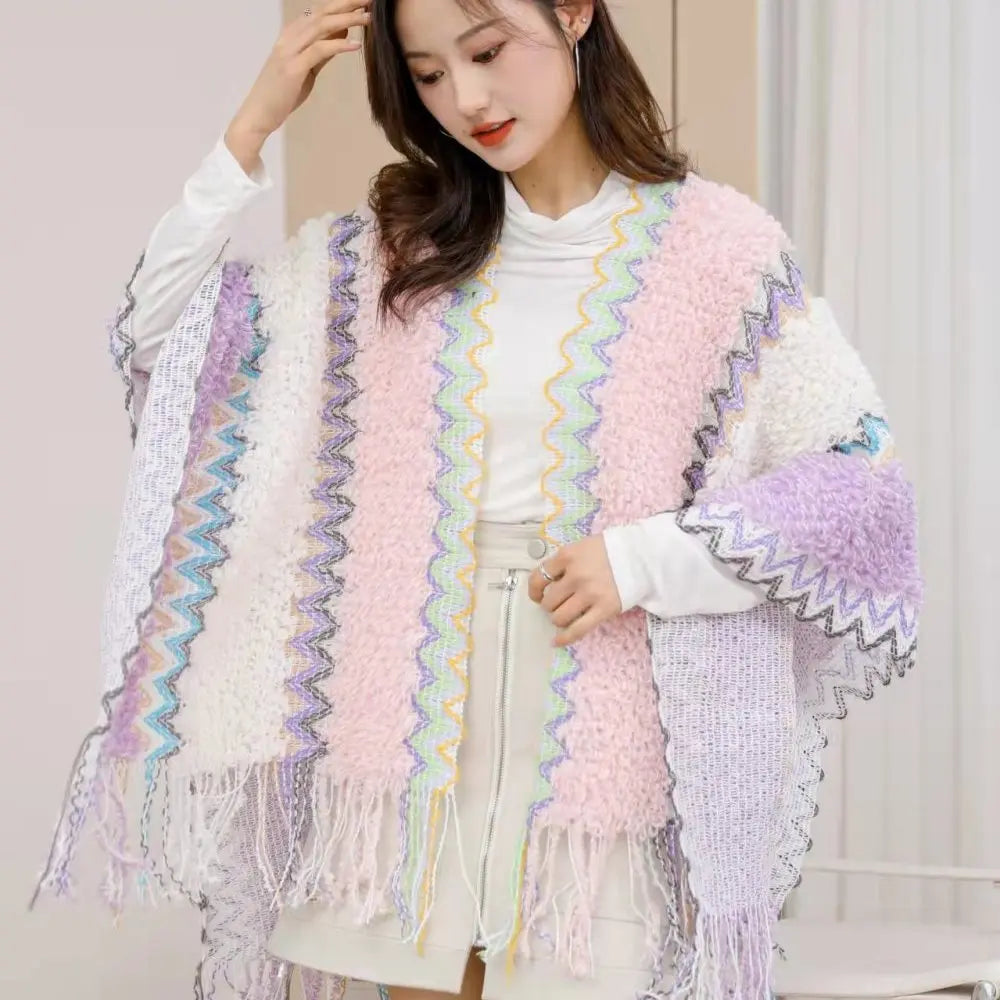 Ethnic Style Cape Oversized Sweater Jacket Women Fashion New Loose Patchwork Warm Long Scarf Knitted Cardigan Woman