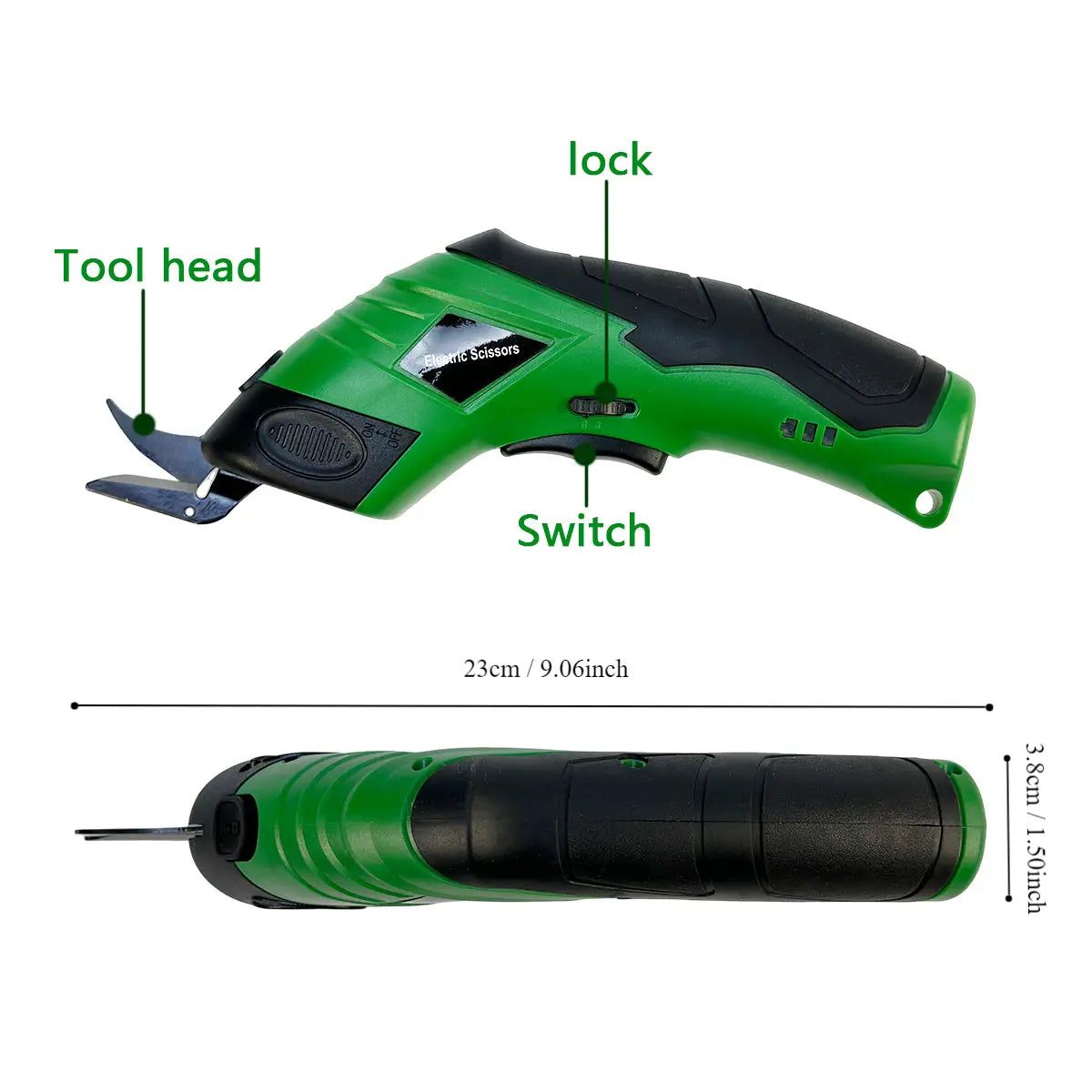 green and black electric scissors cordless usb rechargeable fabric cutter with textured grip handle designed for precision cutting.
