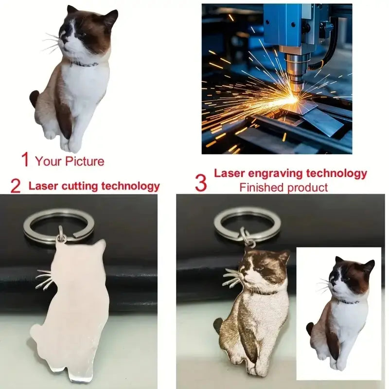 Silver-colored laser-engraved stainless steel keychain shaped like a sitting cat with brown and white fur details, custom photo engraved dog keychain product.
