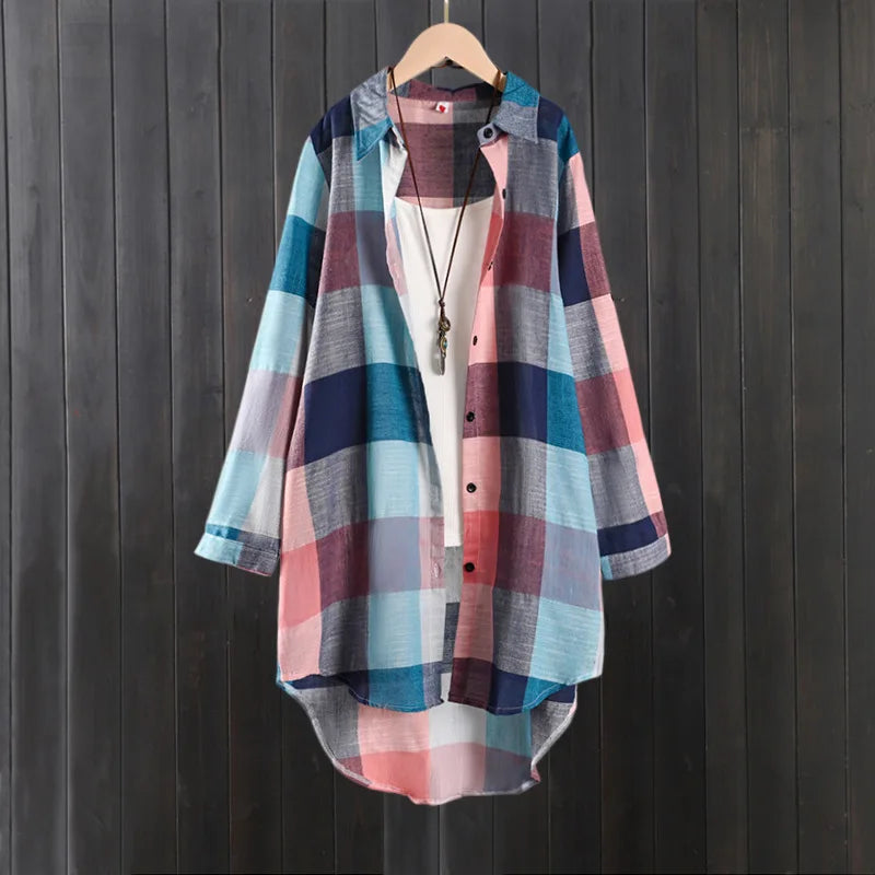 Women's Plaid Shirt Casual Blouses Woman Tops for Women Long Sleeve Long Sleeve Shirts Chic Blouse Check Linen Cotton Clothing