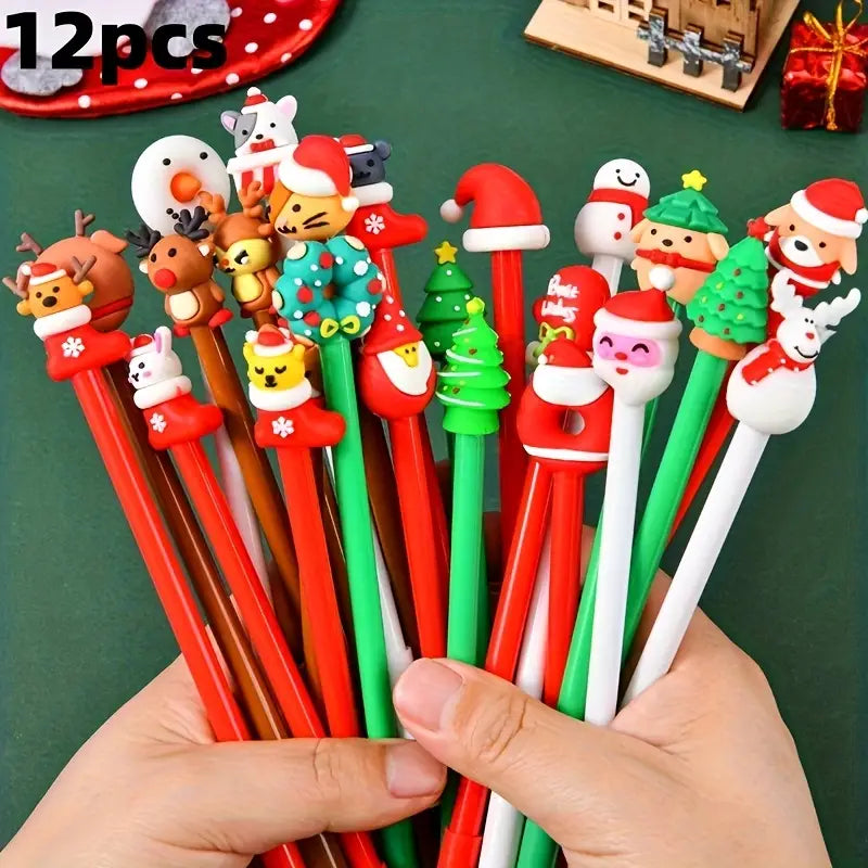 a collection of christmas gel pens 12 pack featuring festive holiday stationery with colorful plush character tops including santa claus reindeer snowmen and holiday trees in red green white and brown plastic.