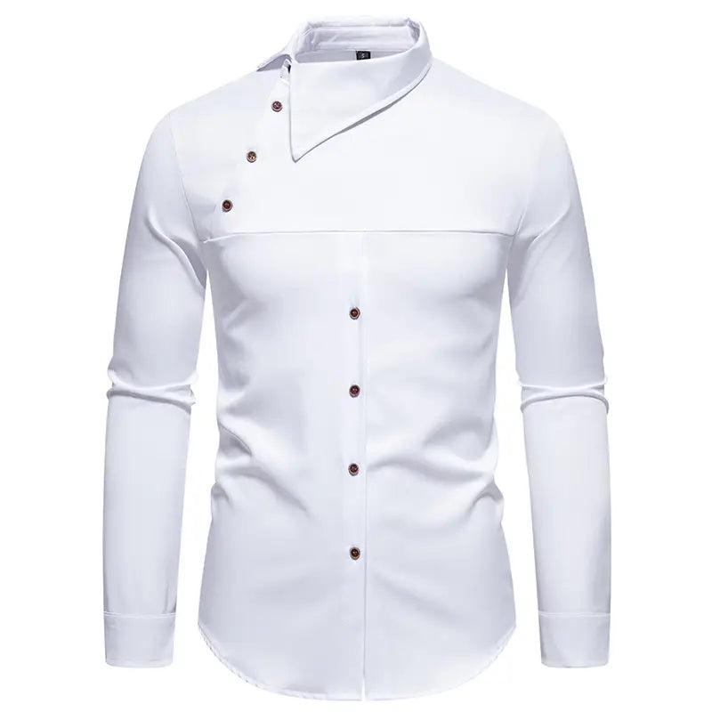 white men’s slim-fit casual dress shirt with a distinctive asymmetrical slant collar and dark brown buttons.