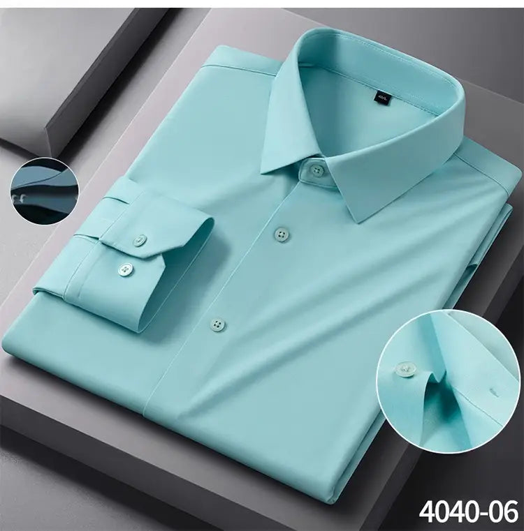 A neatly folded light blue men’s slim fit nylon formal dress shirt with a crisp collar and buttoned cuffs.