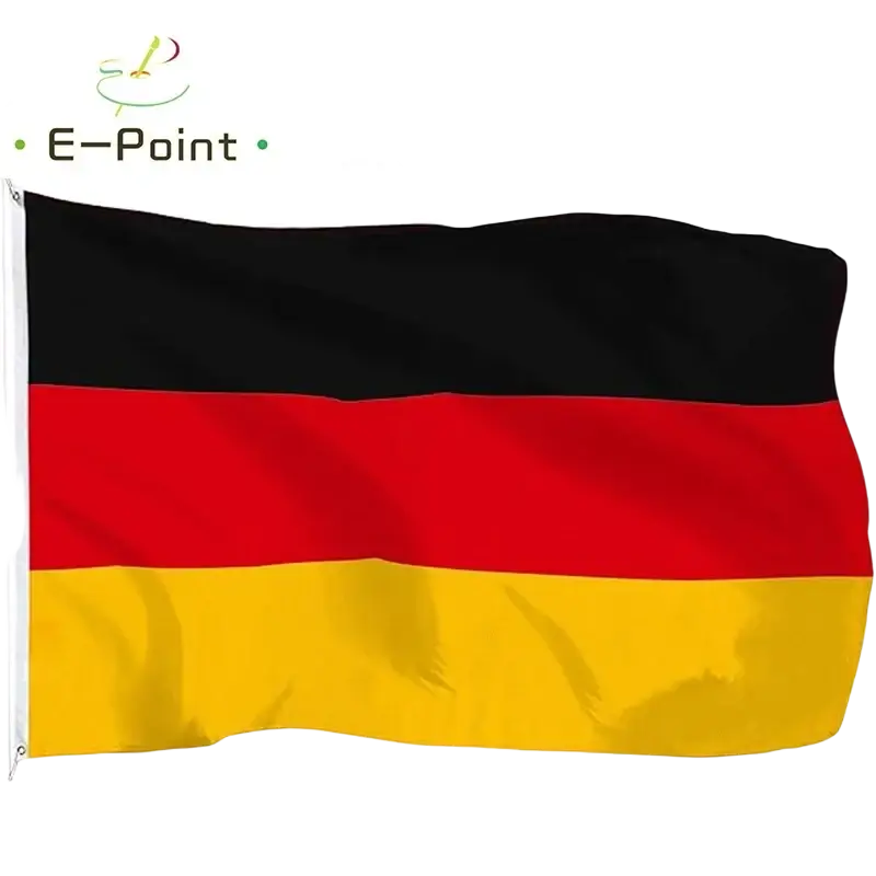 Germany flag with black red and gold horizontal stripes and white pole sleeve shown from the front view