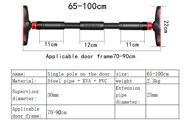 Barre de traction pour porte ajustable noire et rouge en matériaux de tuyau en acier, EVA et PVC, montée au mur pour le fitness à domicile
