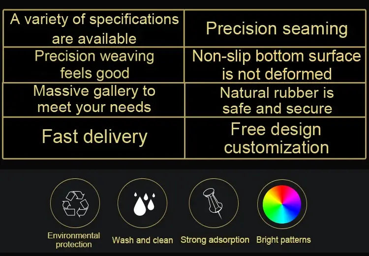 le grand tapis de bureau pour souris de jeu au chiot mignon présente un fond noir avec du texte et des icônes dorés mettant en évidence une couture de précision, une surface inférieure antidérapante en caoutchouc naturel, un design personnalisable, une protection de l’environnement, une capacité de lavage et de nettoyage, ainsi qu’une forte adhérence, idéal pour une utilisation dans un endroit ventilé.