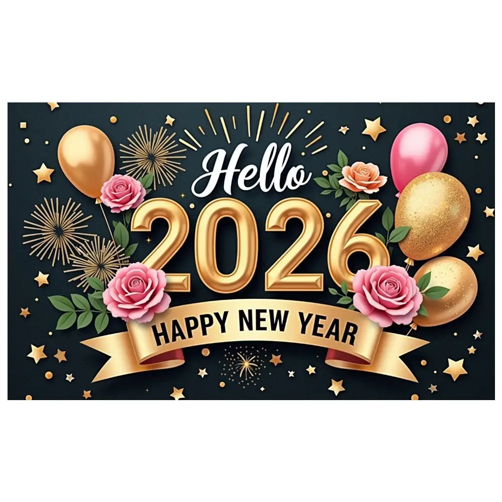 Une bannière de décor pour la fête du Nouvel An 2026, dorée avec mention « hello 2026 », comprenant des roses roses, des ballons dorés et des feux d’artifice étoilés sur un fond sombre.