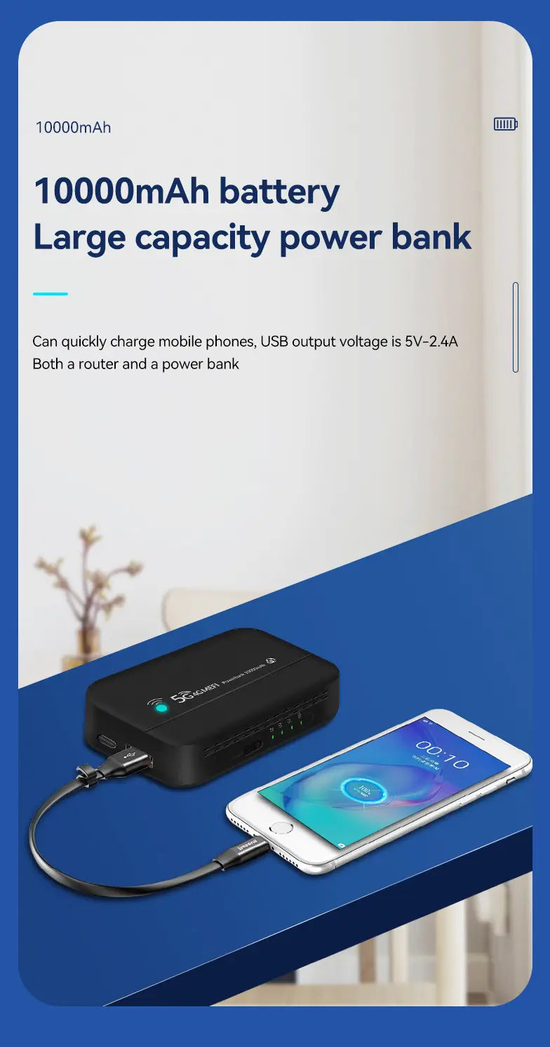 Schwarze rechteckige LTE-Powerbank mit einer Kapazität von 10.000 mAh und mehreren USB-Anschlüssen, ausgelegt für externe Lade-WLAN-Router und Verwendung eines Lade-WLAN-Routers.