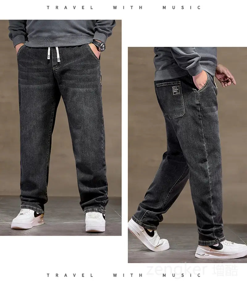 Plus size elastic waist loose straight jeans in dark-wash denim with a relaxed fit and a white drawstring waistband.