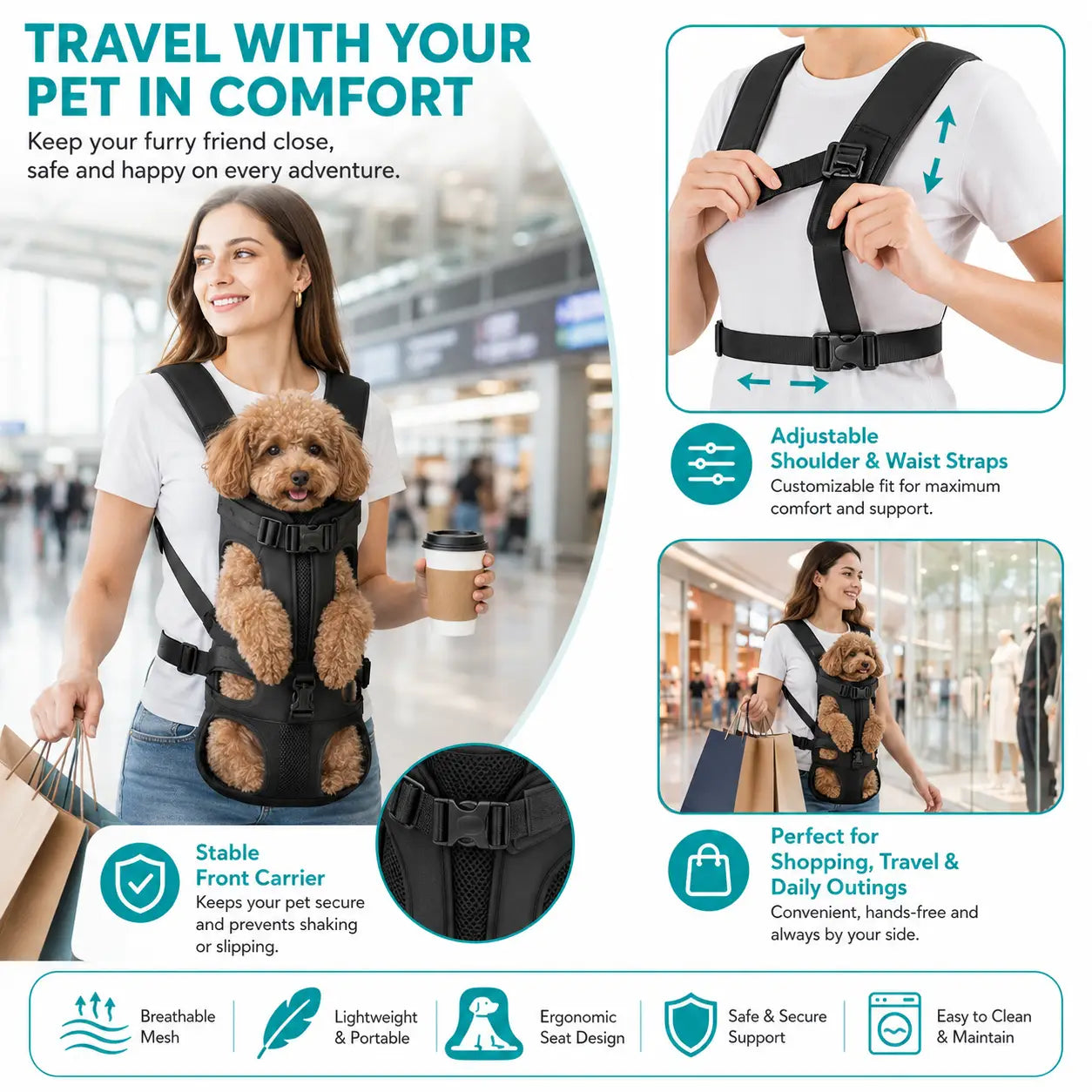 Sac à dos de transport pour chien réglable noir avec maille respirante et conception de siège ergonomique pour des déplacements confortables de l’animal