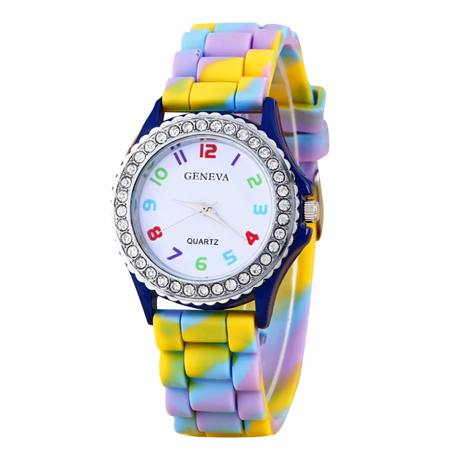 Girls crystal bling rainbow silicone watch with a colorful tie-dye silicone band, blue case, crystal-encrusted bezel, and white dial with rainbow-colored numerals.