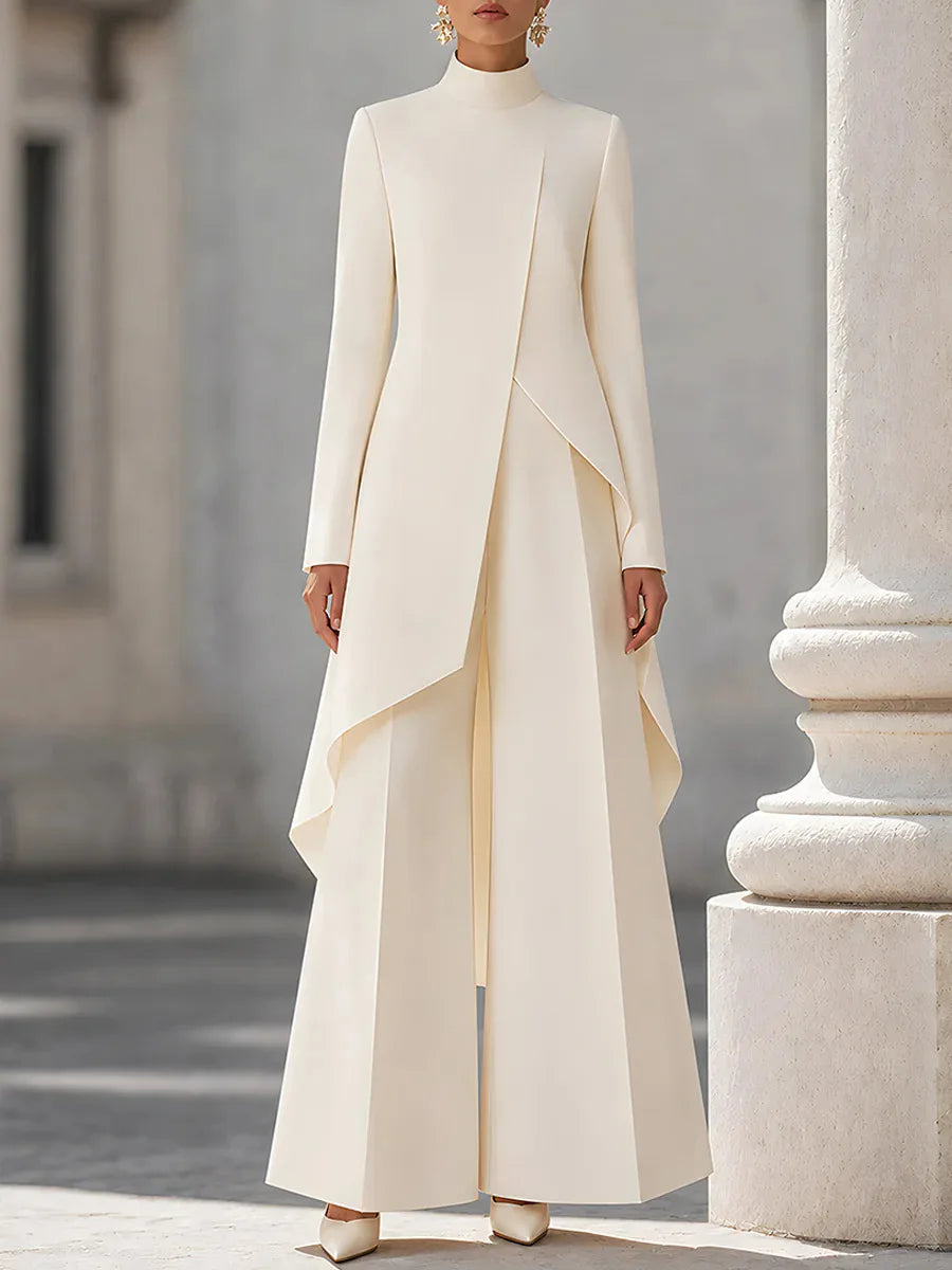 Women Two Piece Outfit Mock Neck Long Sleeve Irregular Asymmetrical Hem Top High Waist Wide Leg Pants Formal Suit Set