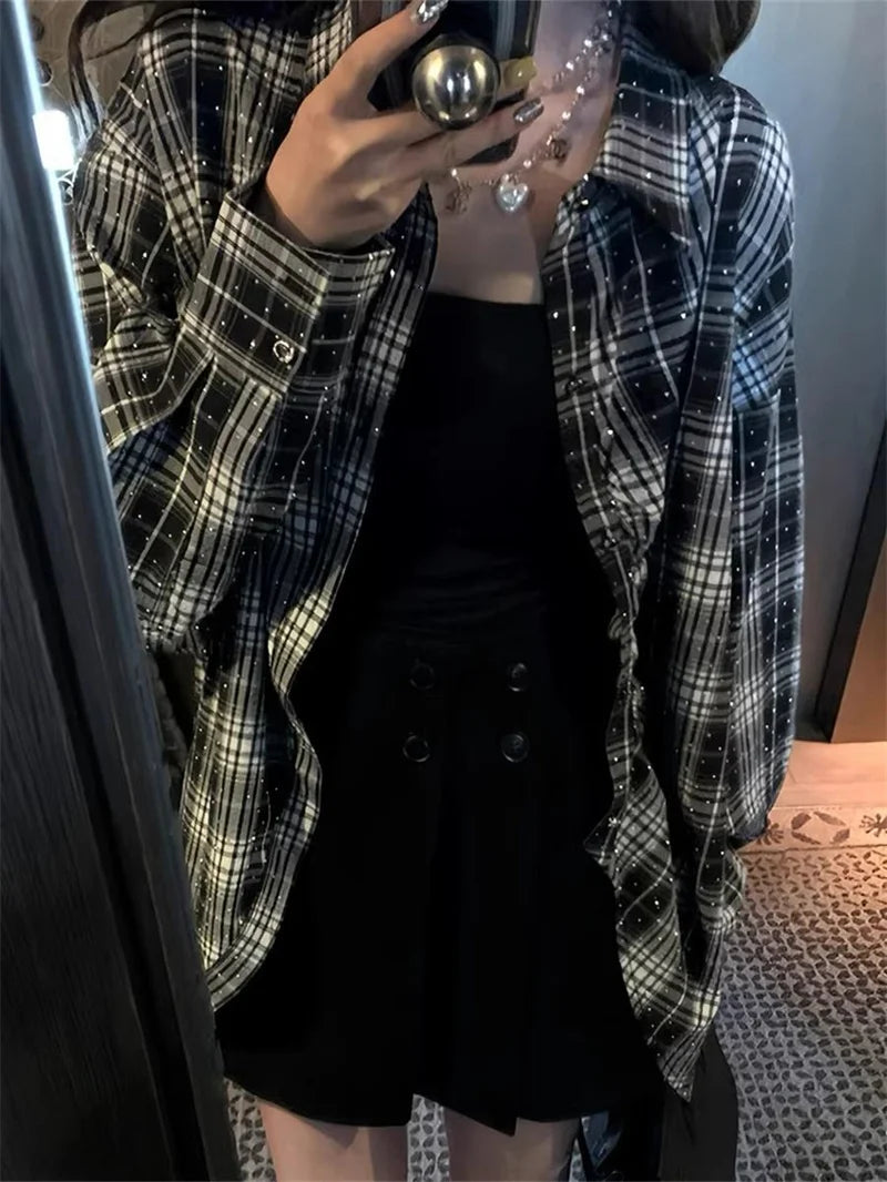 Woman Blouses Woman Clothes Autumn new Rhinestones Shiny Plaid Single-breasted Shirt Women's Casual Loose Wind Shirt tide Coat