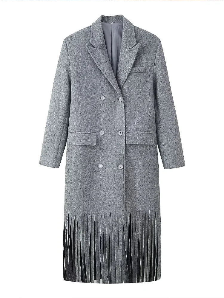 HH Women Winter Fashion Lapel Long Sleeve Woolen Jacket Female High Street Double Breasted Fringed Hem Decoration Pocket Coat