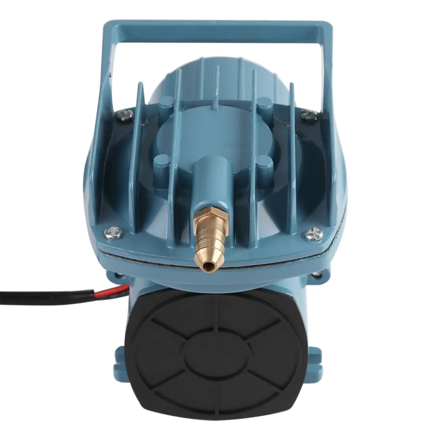 Blue plastic 12v 35w air pump with brass nozzle and black base designed for fish pond and aquarium use.