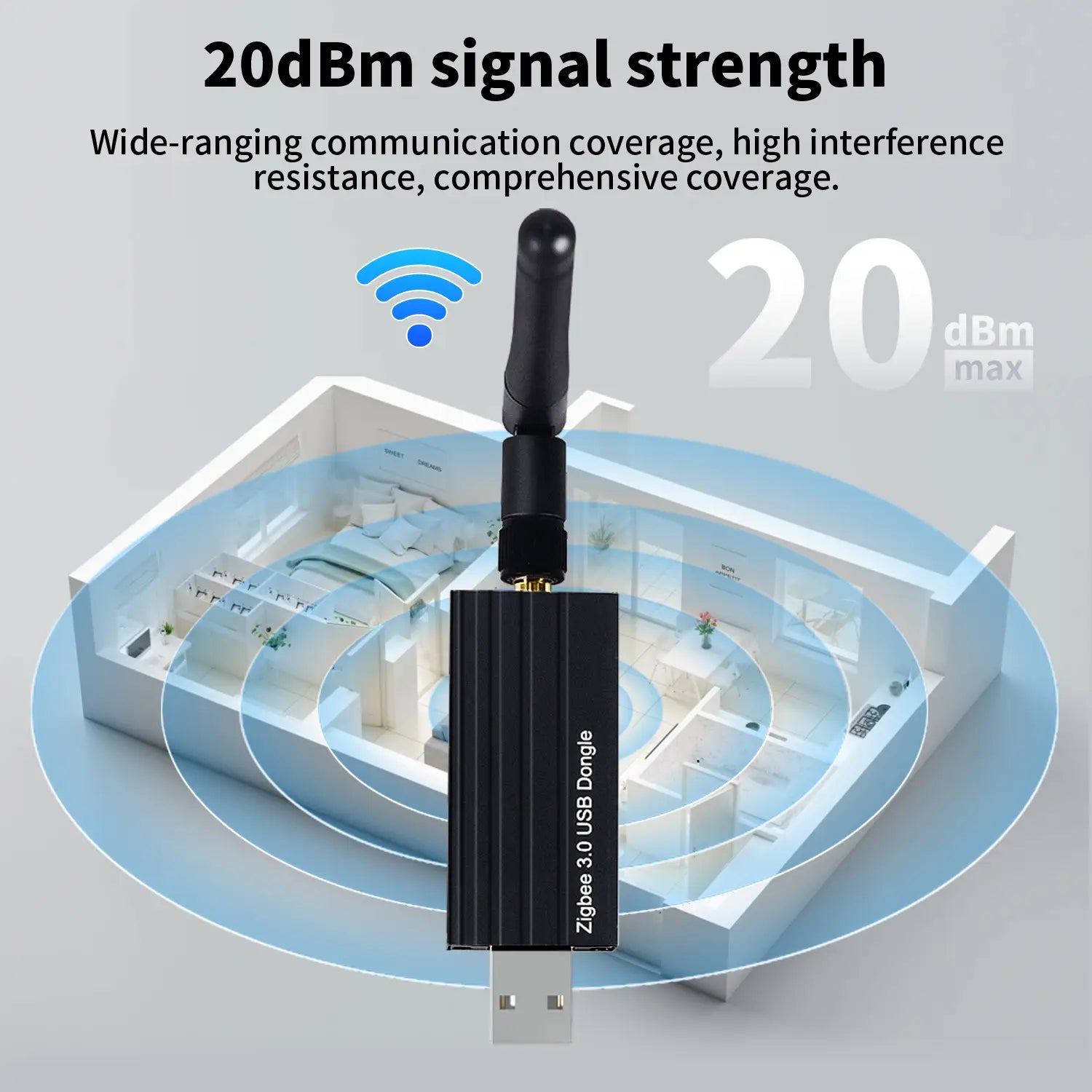 Schwarzer USB-Dongle plus Zigbee 3.0 mit schwarzer Antenne und goldfarbenem Metallstecker, entwickelt für die drahtlose Kommunikationsabdeckung bis zu 20 dBm max. zur Verwendung mit Home Assistant.