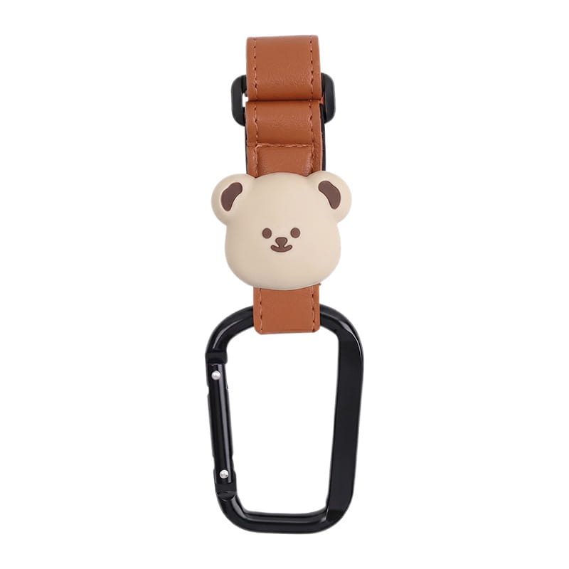 Niedlicher beiger Karabiner in Bärenform mit braunem PU-Lederriemen und schwarzem Metallclip für Bären-Kinderwagenhaken; PU-Leder-Taschenaufhänger.