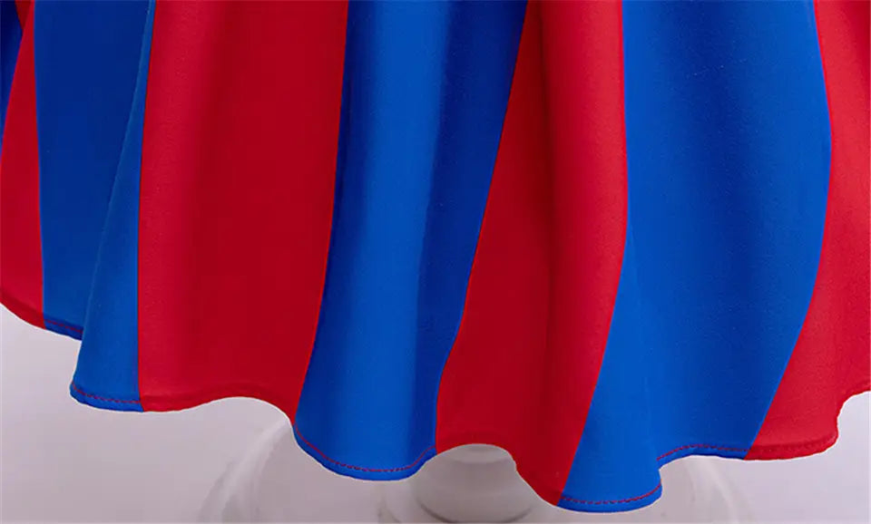 Pomni clown costume dress features a flowing fabric with bold vertical stripes in red and royal blue and includes a size chart for accurate fitting.