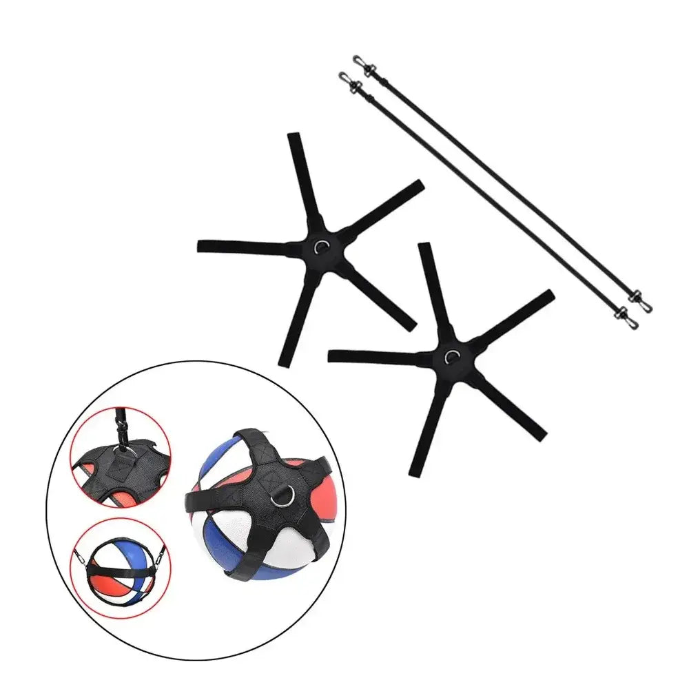 solo volleyball training aid featuring a black adjustable elastic belt with star-shaped straps and metal hooks for secure volleyball training.