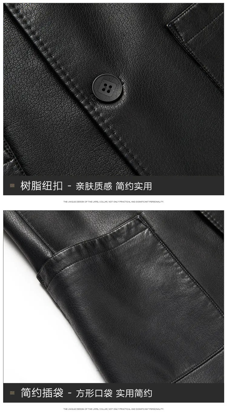Veste d’hiver en simili cuir noir pour homme, coupe ajustée, blazer en cuir noir, finition mate et détails de surpiqûres discrets.