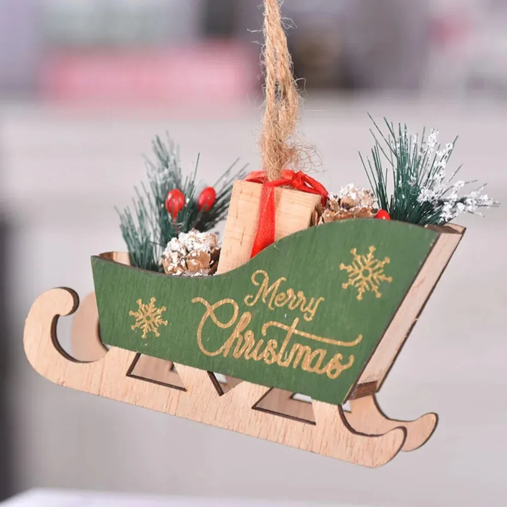 Wooden Christmas Sleigh Decoration Set Xmas Tree Hanging Ornaments Tabletop Display Rustic Holiday Home Decor Party Favors