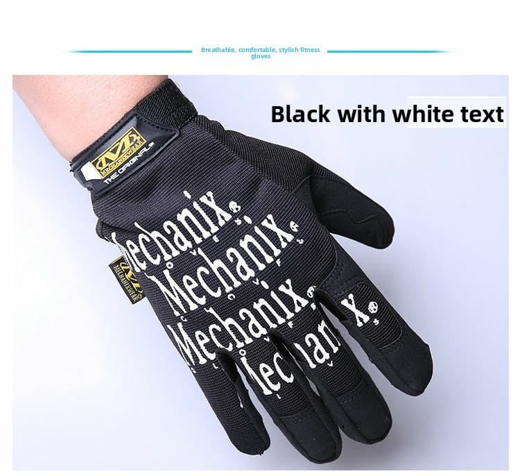 Herren-Fahrradhandschuhe mit vollständigen Fingern in Schwarz, mit weißem Text und einem langlebigen, strukturierten Design auf der Handrückseite.