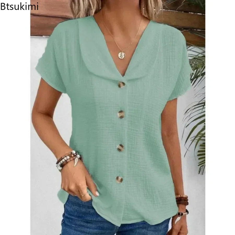 2026 Women's Summer Solid Short Sleeve Blouses Fashion V-neck Loose Casual Button Cardigan Tops Elegant Clothing Women Shirts