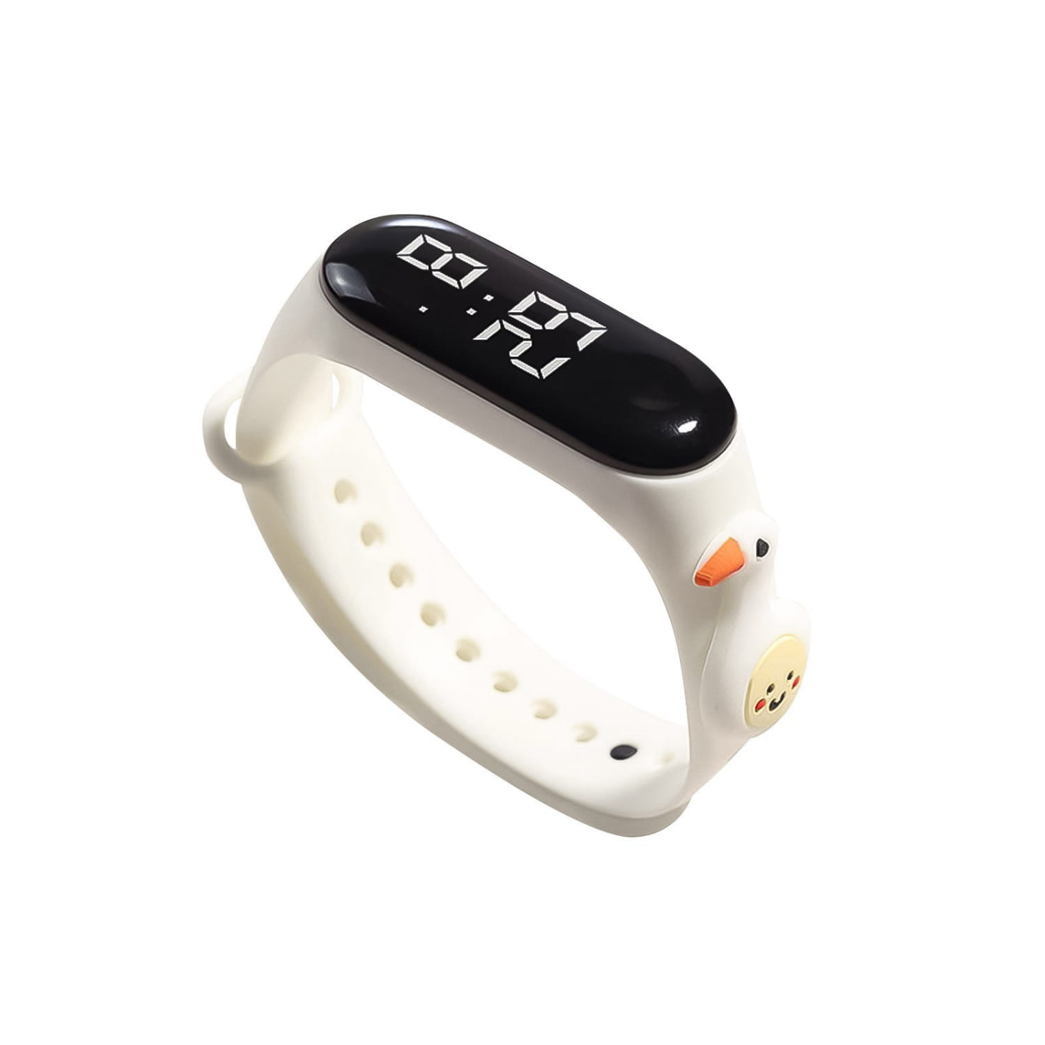 White silicone kids digital watch with life waterproof feature and black digital display showing time, adorned with cute duck-shaped charms.
