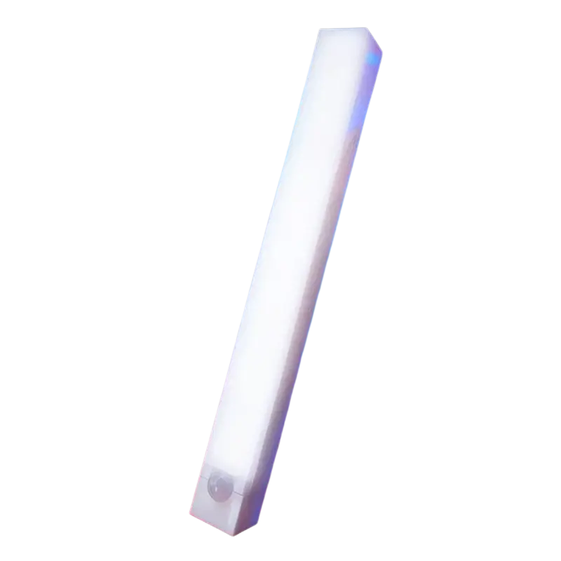 A white rectangular LED bar light with a motion sensor at its base shown from the front angle