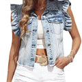 Women's Ruffle Sleeve Denim Vest, Short Sleeveless Frayed Hem Jean Jacket, Casual Fashion Outerwear for Spring & Fall